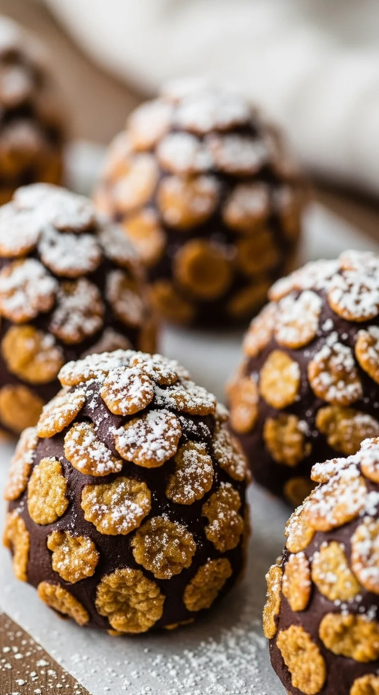 A photorealistic vertical image showcasing a delightful arrangement of Vegan Pine Cone Truffles No-Bake, artfully crafted with chocolate and nuts, dusted with a light touch of powdered sugar, ready for a festive holiday celebration.