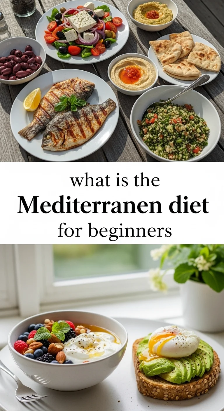 Vertical pin showing two delicious smartphone photos of vibrant Mediterranean dishes like a fresh Greek salad with olives and feta, and grilled salmon with roasted vegetables, with the text 'what is the Mediterranean diet for beginners' prominently in the center.