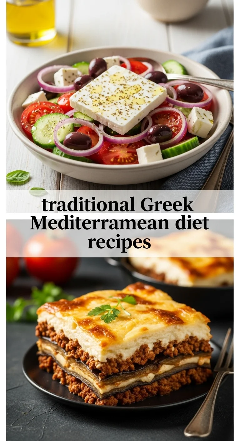 Vertical pin showing two delicious smartphone photos: one of a vibrant Greek salad with feta and olives, and another of a golden-brown spanakopita slice, with the text 'traditional Greek Mediterranean diet recipes' prominently displayed in the center.
