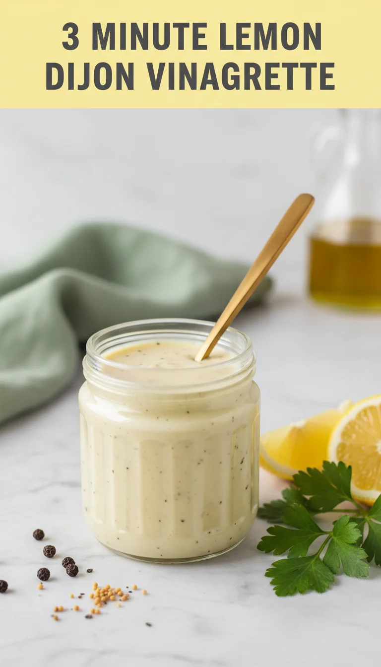 A vertical 9:16 layout. The top section contains the main keyword '3 MINUTE LEMON DIJON VINAIGRETTE' in a bold, professional font. The bottom section is a professional hero shot of the final plated 3 Minute Lemon Dijon Vinaigrette.
