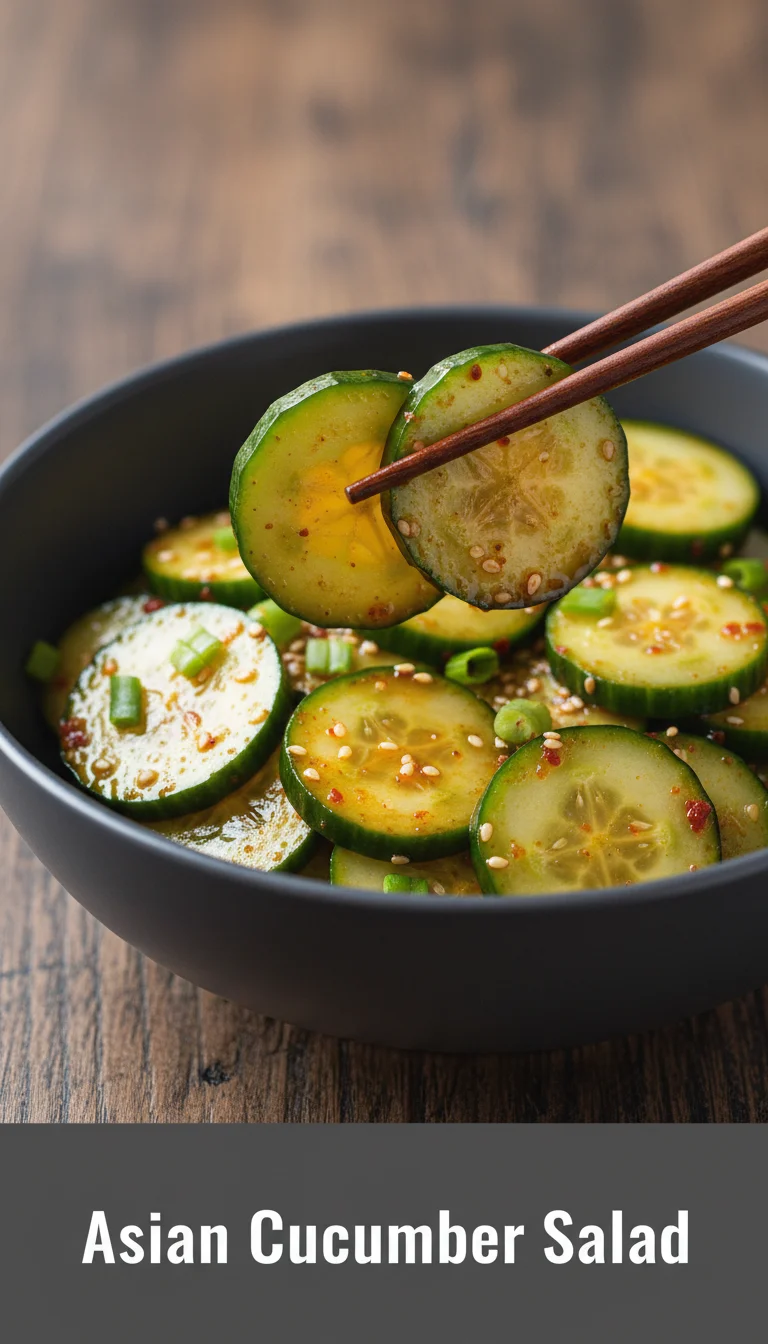 A vertical 9:16 layout. The top 20% is a clean solid header band containing the text 'ASIAN CUCUMBER SALAD' in a bold, professional font. The remaining 80% is a high-quality, professional hero shot of Asian Cucumber Salad.