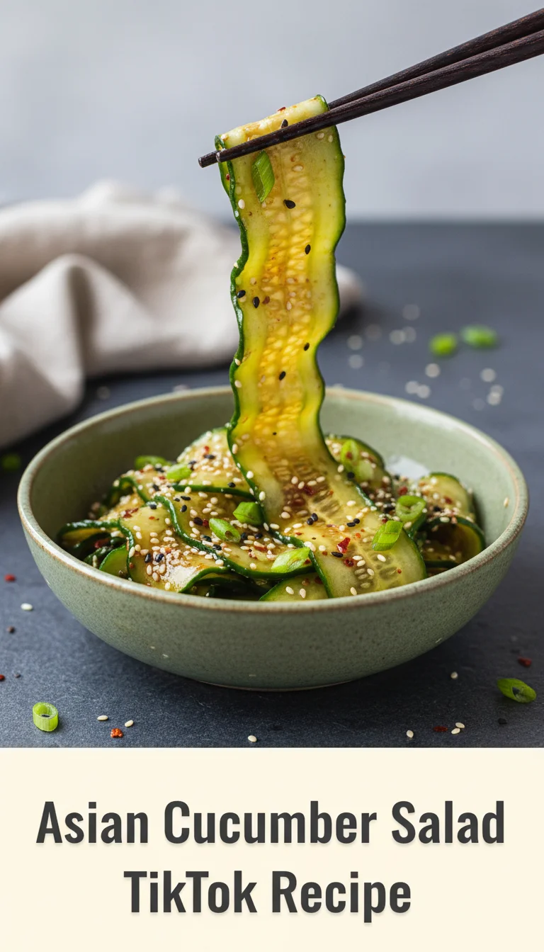 A vertical 9:16 layout. The top 20% is a clean solid header band containing the text 'ASIAN CUCUMBER SALAD TIKTOK RECIPE' in a bold, professional font. The remaining 80% is a high-quality, professional hero shot of Asian Cucumber Salad TikTok Recipe.