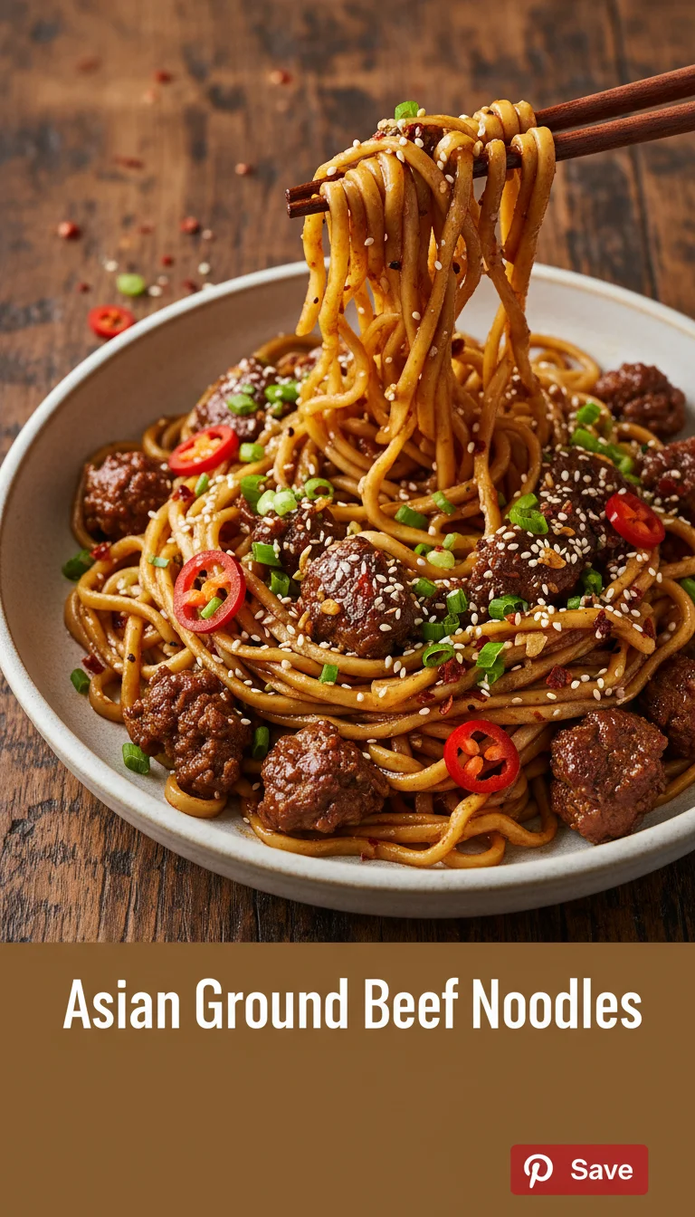 A vertical 9:16 layout. The top 20% is a clean solid header band containing the text 'ASIAN GROUND BEEF NOODLES' in a bold, professional font. The remaining 80% is a high-quality, professional hero shot of savory Asian Ground Beef Noodles for an easy weeknight meal.