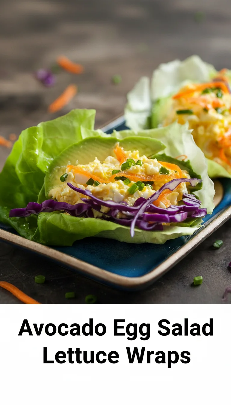 A vertical split layout containing two pictures with the main keyword 'Avocado Egg Salad Lettuce Wraps' in the center. The top image showcases creamy avocado and egg chunks nestled in vibrant lettuce, while the bottom displays a fresh platter perfect for a healthy lunch occasion.