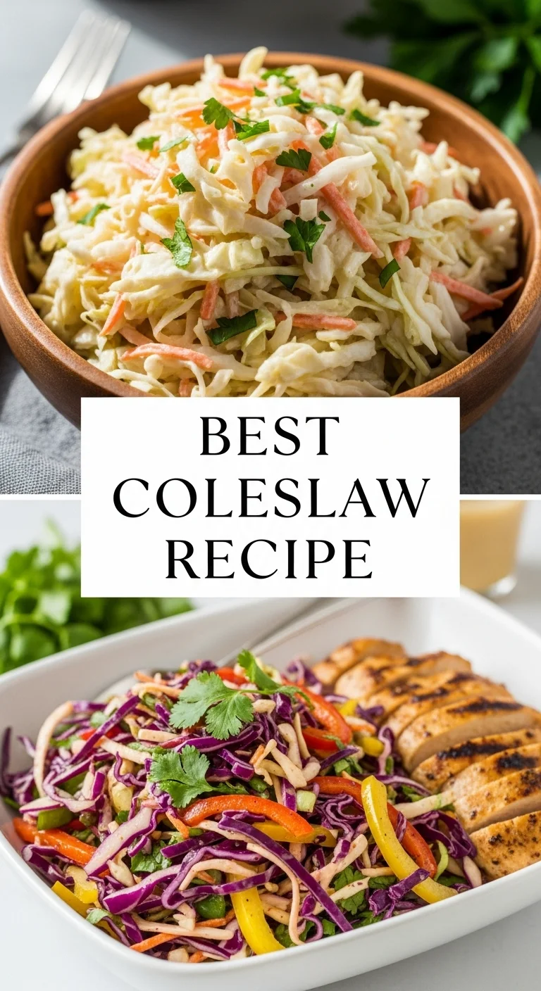 A vertical split layout containing two pictures with the main keyword 'Best Coleslaw Recipe' in the center. The top showcases colorful, crisp shredded cabbage, while the bottom reveals a velvety, rich coleslaw dressing being drizzled over the fresh vegetables.