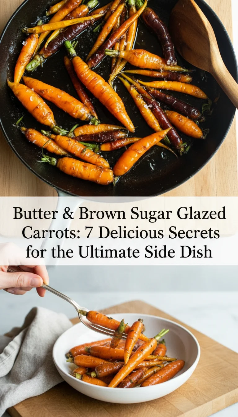 Professional 9:16 Pinterest collage: Top 70% shows a hero shot of tender Butter & Brown Sugar Glazed Carrots glistening with glaze. A white semi-transparent banner in the center features the title, with a cozy lifestyle shot at the bottom.