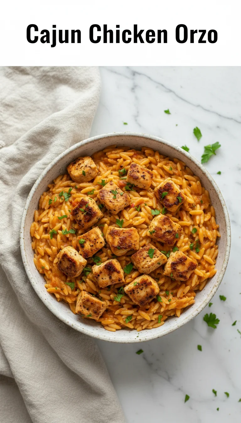 Vertical Pinterest pin with the text 'Cajun Chicken Orzo' at the top and a professional photograph of Cajun Chicken Orzo below it, showcasing a vibrant and delicious dinner.