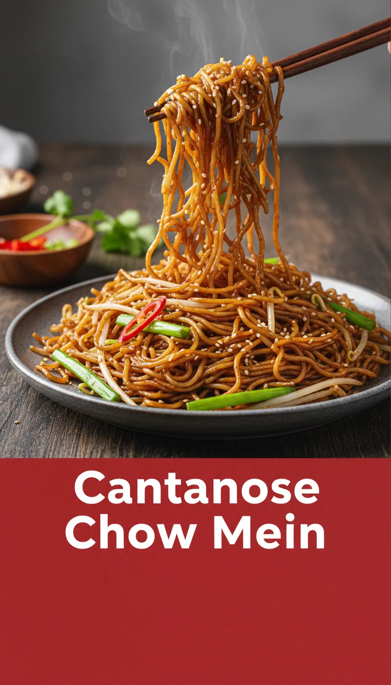 A vertical 9:16 layout. The top 20% is a clean solid header band containing the text 'CANTONESE CHOW MEIN' in a bold, professional font. The remaining 80% is a high-quality, professional hero shot of Cantonese Chow Mein.