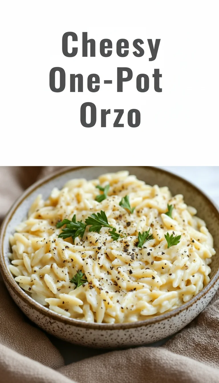 Vertical Pinterest pin with the text 'Cheesy One-Pot Orzo' at the top and a professional photograph of Cheesy One-Pot Orzo below it.