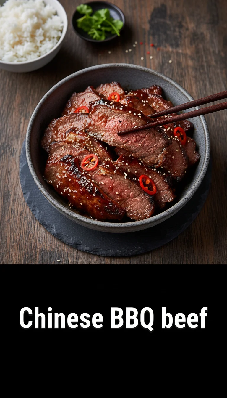 A vertical 9:16 layout with a clean header band reading 'CHINESE BBQ BEEF' above a high-quality professional hero shot of glazed Chinese BBQ beef.