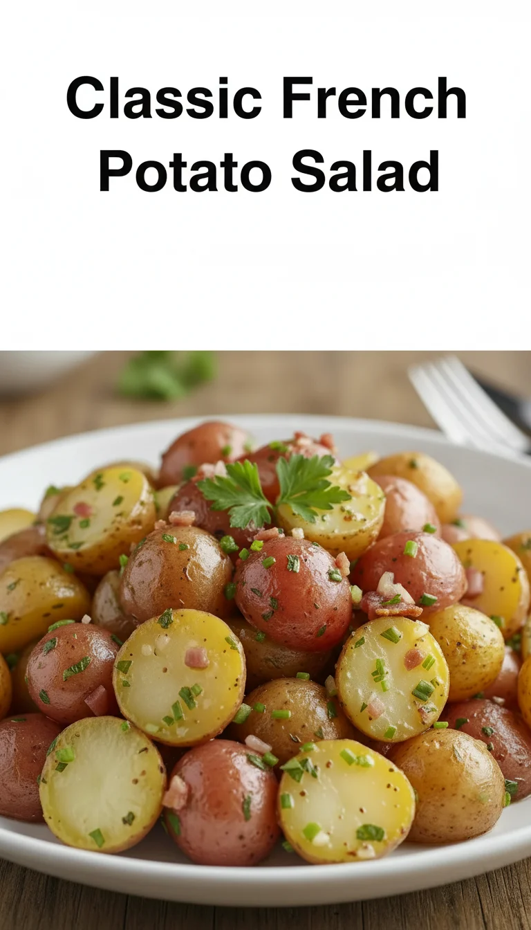 Vertical Pinterest pin with the text 'Classic French Potato Salad' at the top and a professional photograph of Classic French Potato Salad below it.