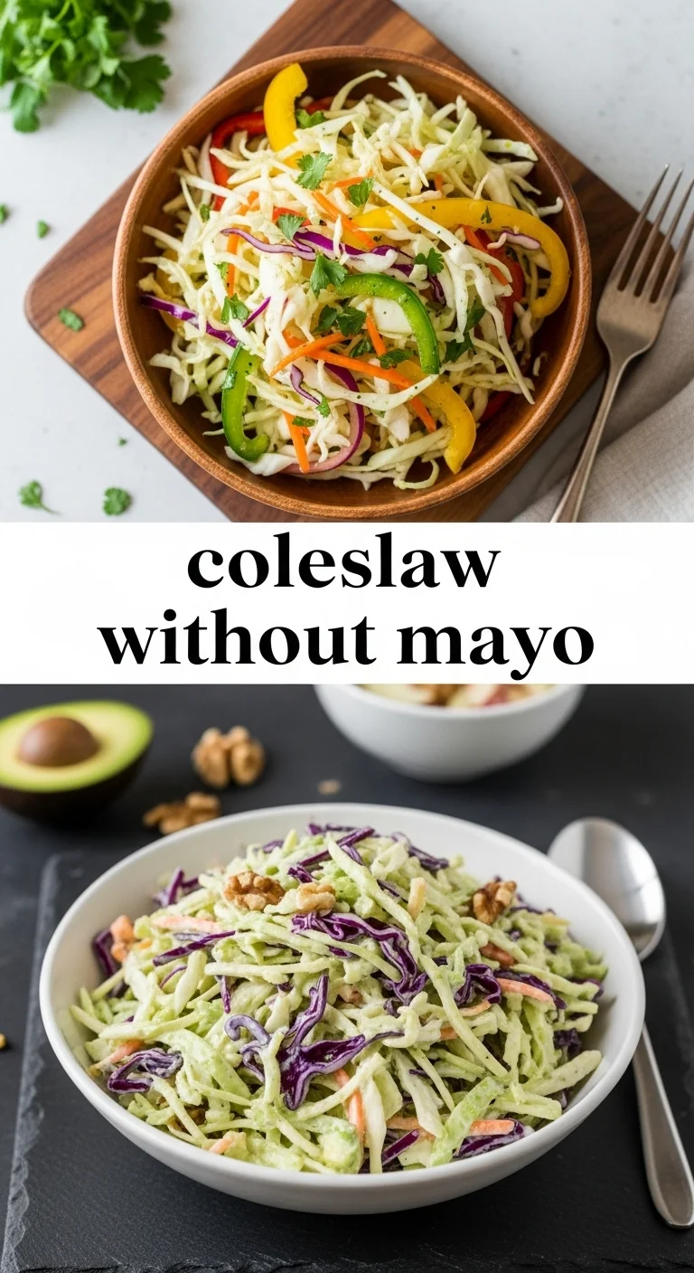 A vertical split layout containing two pictures of vibrant, crunchy cabbage and carrots. The main keyword 'coleslaw without mayo' is in the center. The fresh vegetables are tossed in a glossy, herb-flecked zesty coleslaw dressing.