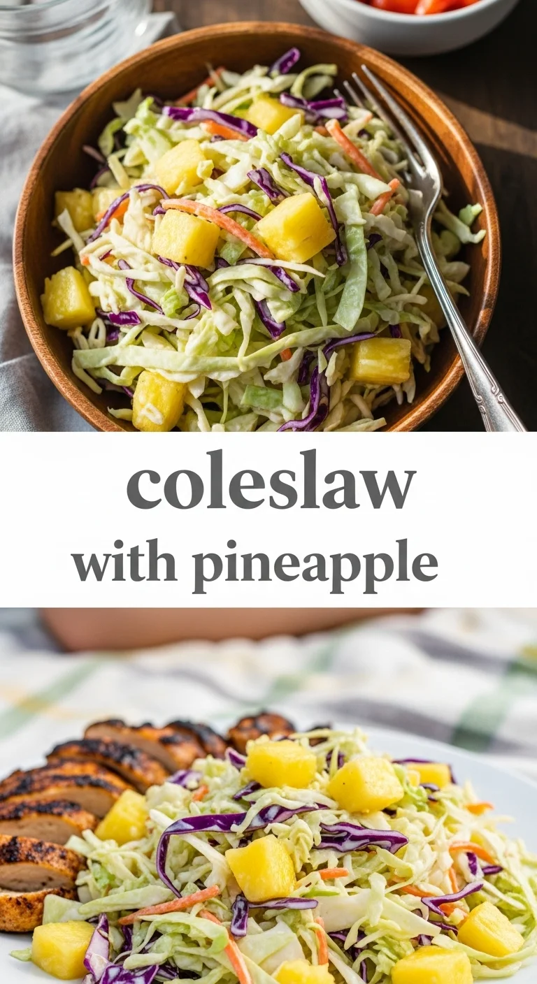 A vertical split layout containing two pictures with the main keyword 'coleslaw with pineapple' in the center. The top image features a bowl of creamy coleslaw with pineapple chunks, while the bottom showcases the tangy coleslaw dressing being drizzled over fresh, crunchy vegetables.
