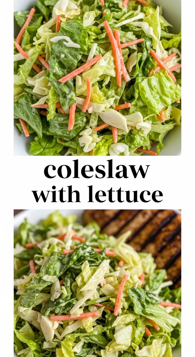 A vertical split layout showing two vibrant photos of fresh coleslaw with lettuce. The center text highlights 'coleslaw with lettuce' over images of crisp greens and creamy coleslaw dressing.