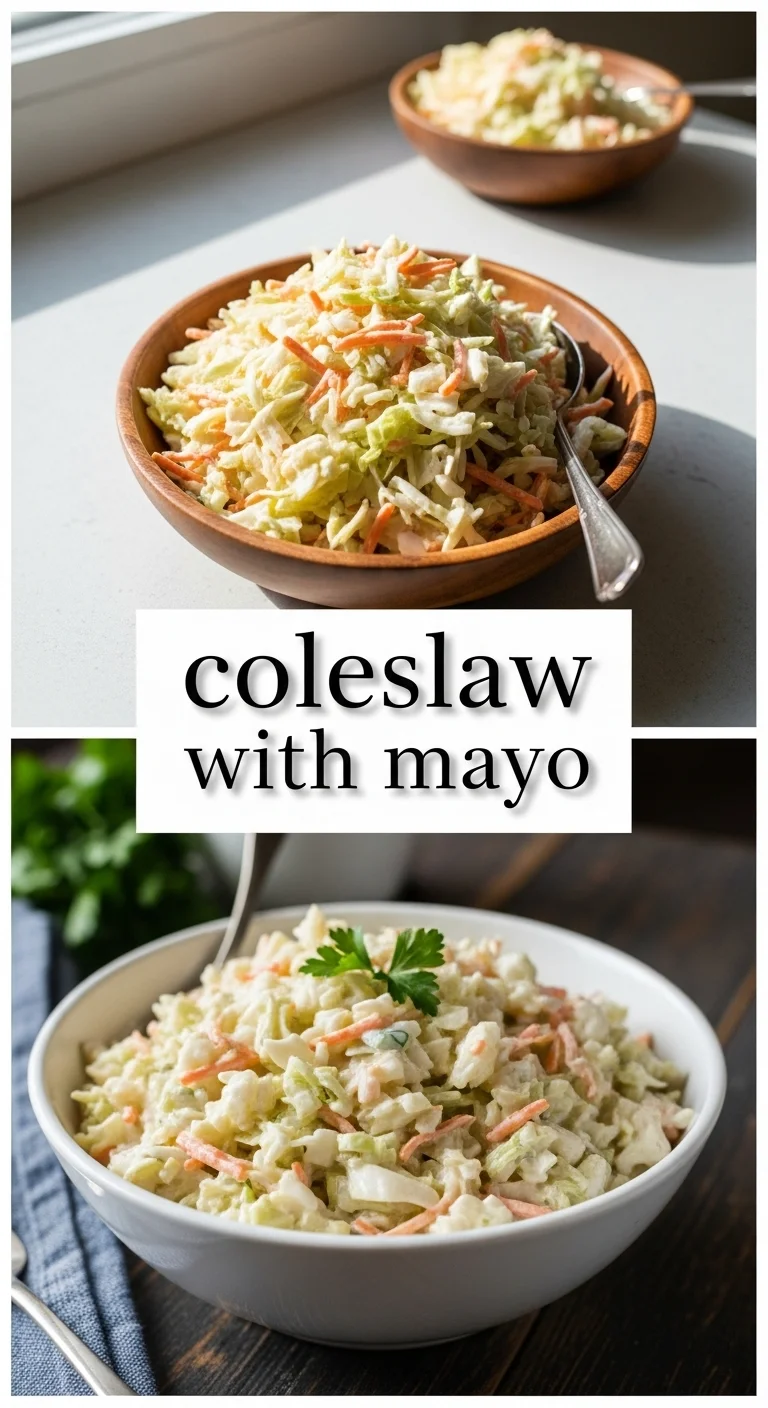 A vertical split layout featuring two delicious views of creamy coleslaw with mayo. The center text reads 'coleslaw with mayo' against a backdrop of shredded cabbage and carrots tossed in a glossy, rich coleslaw dressing.