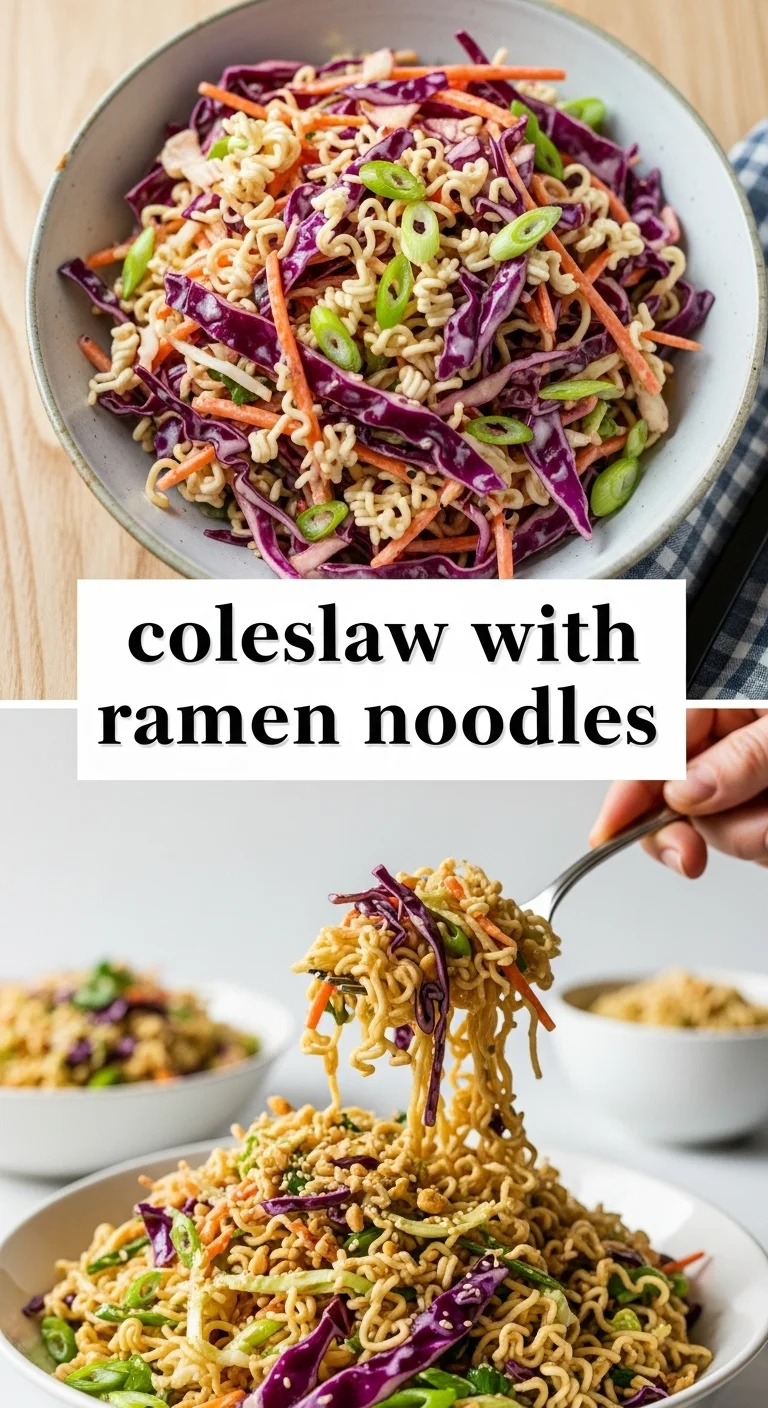 A vertical split layout showing two vibrant photos of a fresh salad with toasted ramen bits. In the center, text reads 'coleslaw with ramen noodles'. The top image highlights the crunchy noodle texture while the bottom shows a bowl tossed in a creamy, flavorful coleslaw dressing.