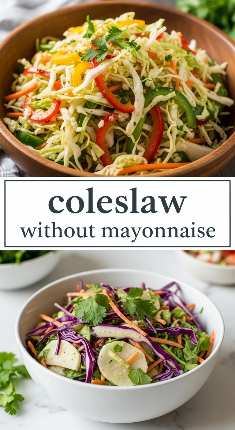 A vertical split layout containing two pictures with the main keyword 'coleslaw without mayonnaise' in the center. The top shows a vibrant cabbage mix; the bottom features zesty coleslaw dressing.