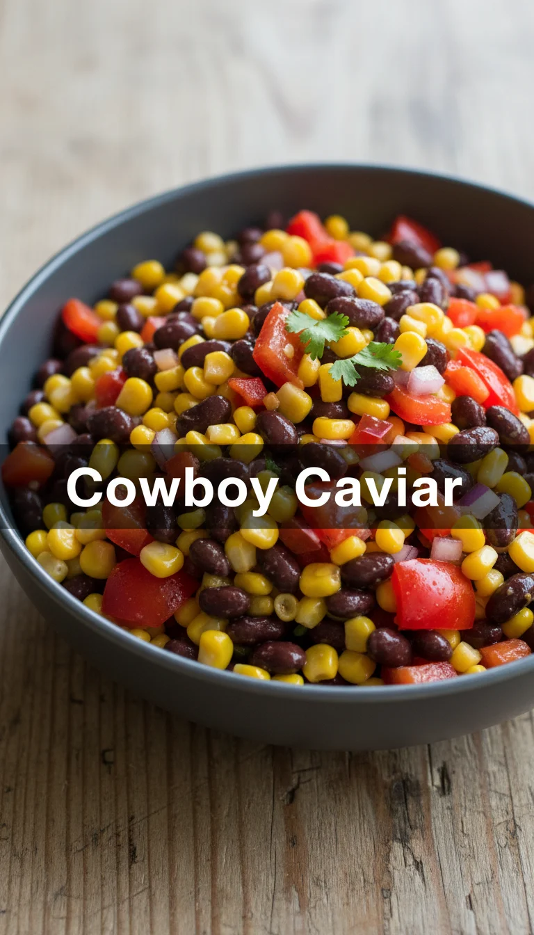 A vertical split layout containing two pictures with the main keyword 'Cowboy Caviar' in the center. The images showcase a colorful mix of corn, beans, and fresh veggies in a party-ready bowl.