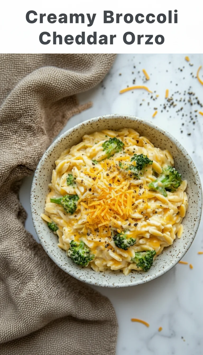 Vertical Pinterest pin with the text 'Creamy Broccoli Cheddar Orzo' at the top and a professional photograph of Creamy Broccoli Cheddar Orzo below it.