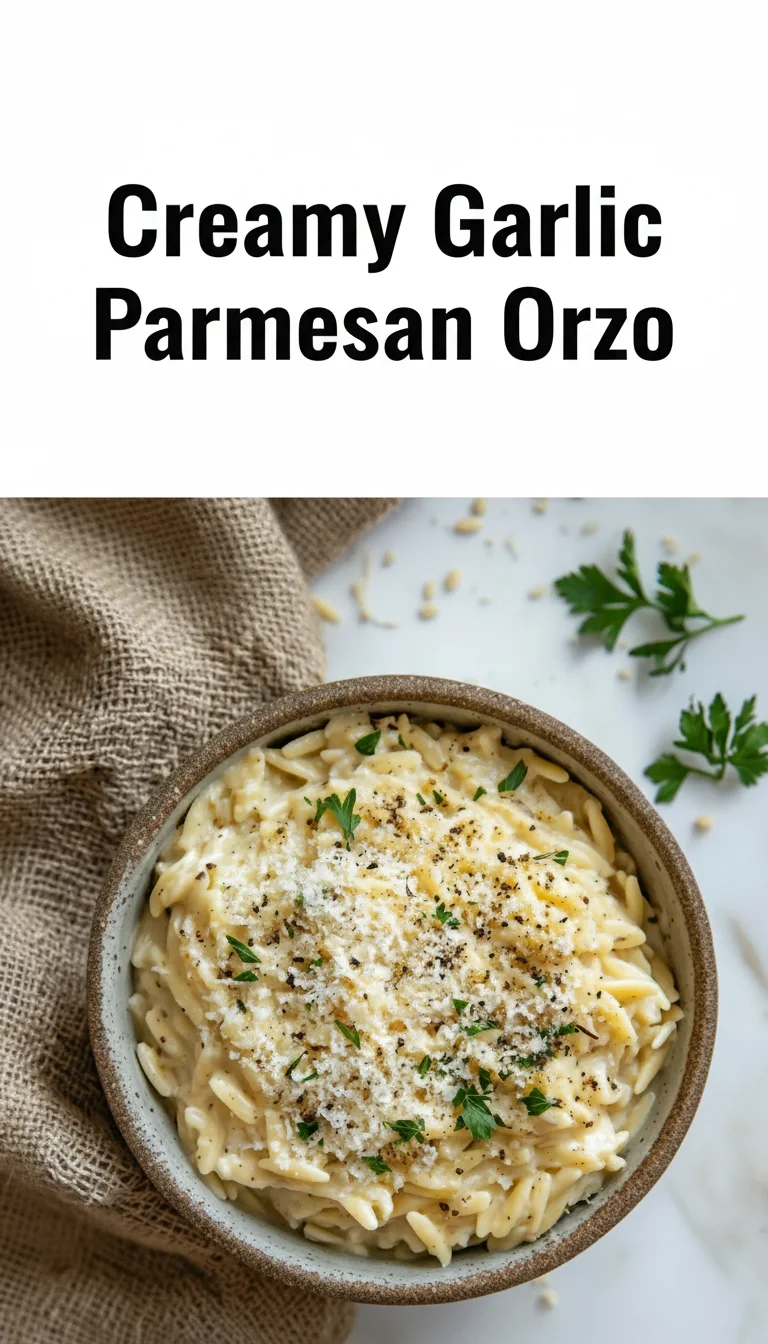Vertical Pinterest pin with the text 'Creamy Garlic Parmesan Orzo' at the top and a professional photograph of Creamy Garlic Parmesan Orzo below it.
