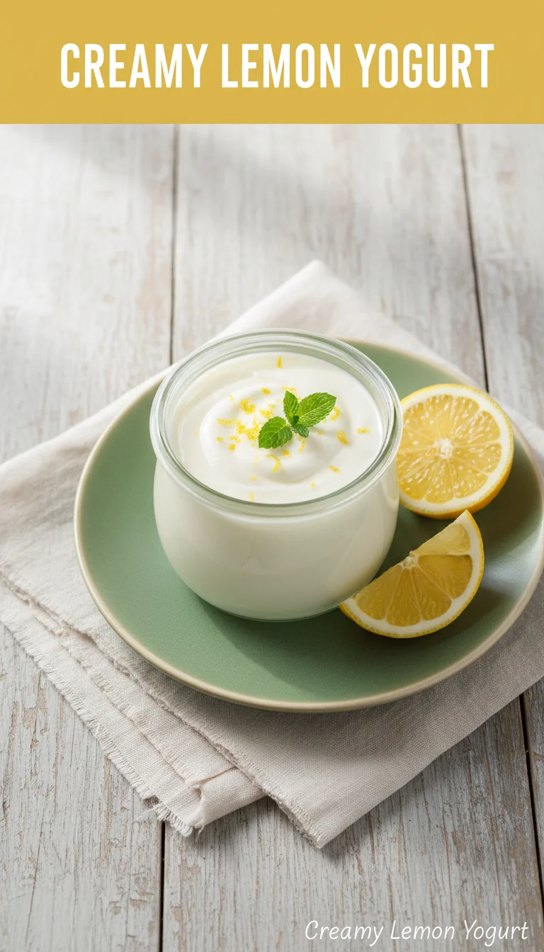 A vertical 9:16 layout. The top section contains the main keyword 'CREAMY LEMON YOGURT' in a bold, professional font on a clean background. The bottom section is a high-quality, professional hero shot of the final plated Creamy Lemon Yogurt.