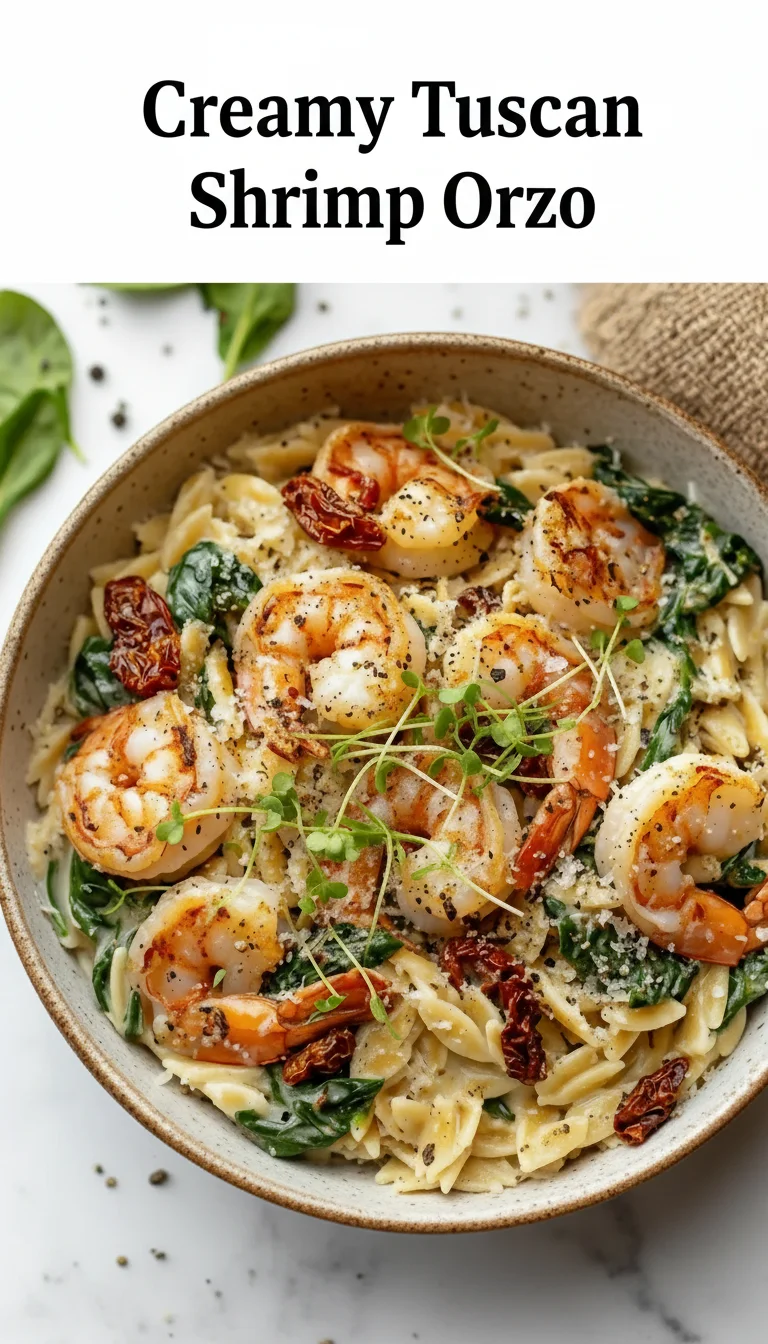 Vertical Pinterest pin with the text 'Creamy Tuscan Shrimp Orzo' at the top and a professional photograph of Creamy Tuscan Shrimp Orzo below it.