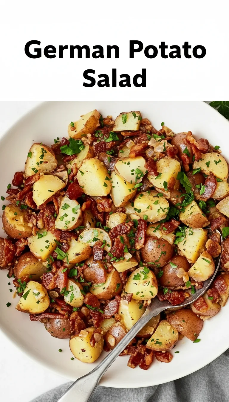 Vertical Pinterest pin with the text 'German Potato Salad' at the top and a professional photograph of German Potato Salad below it, capturing a rustic and savory side dish.