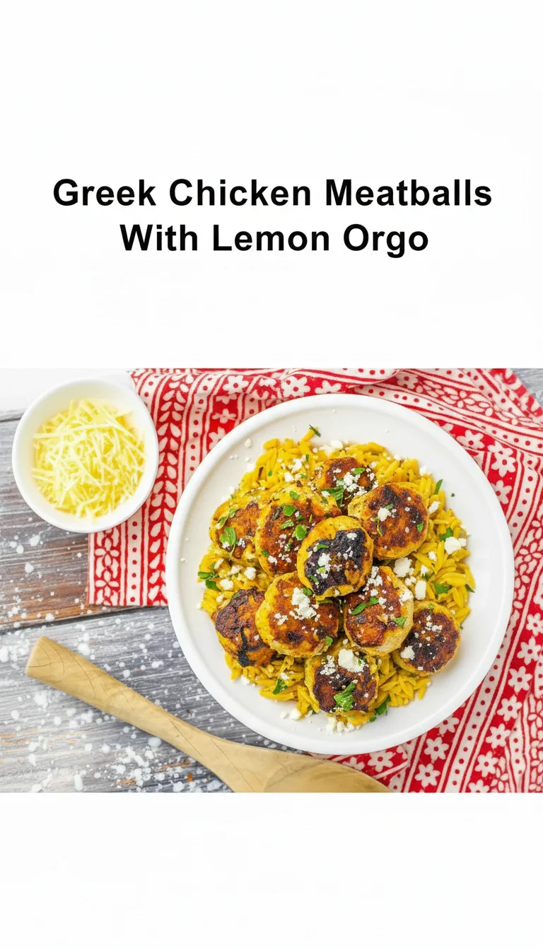 Vertical Pinterest pin with the text 'Greek Chicken Meatballs With Lemon Orzo' at the top and a professional photograph of Greek Chicken Meatballs With Lemon Orzo below it.