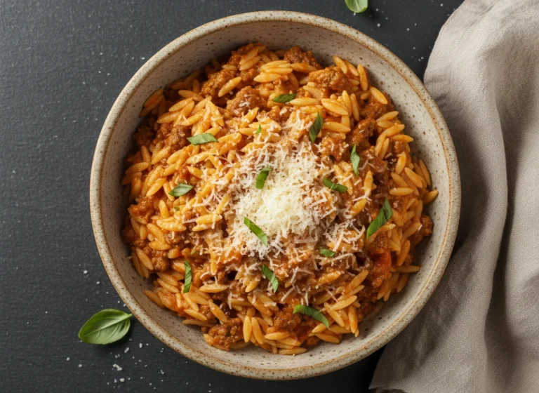 Ground Beef Orzo in Creamy Tomato Sauce