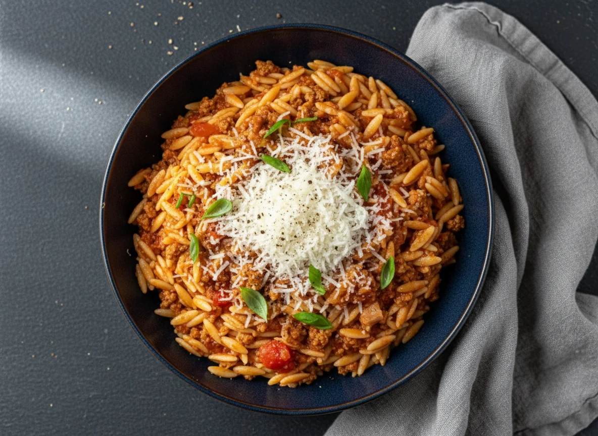 Ground Turkey Orzo in Tomato Sauce
