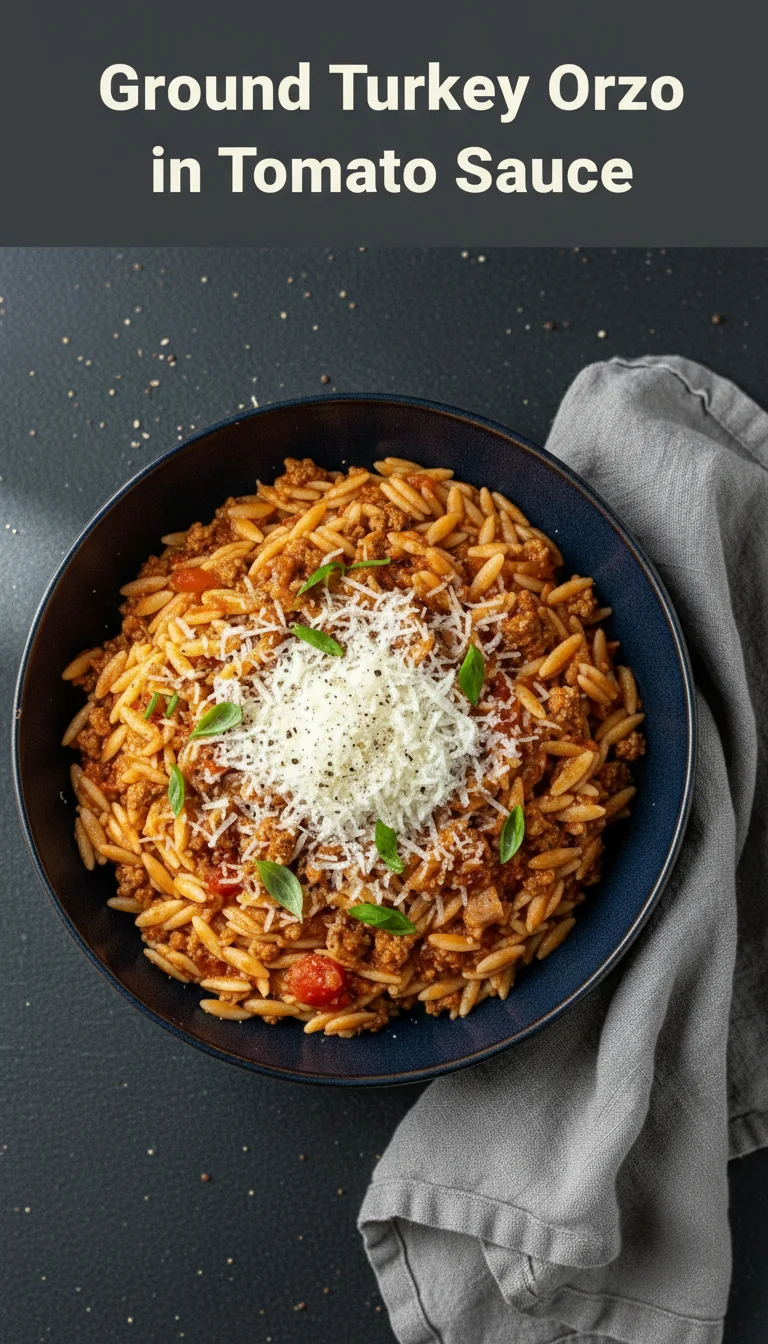 Vertical Pinterest pin with the text 'Ground Turkey Orzo in Tomato Sauce' at the top and a professional photograph of Ground Turkey Orzo in Tomato Sauce below it.