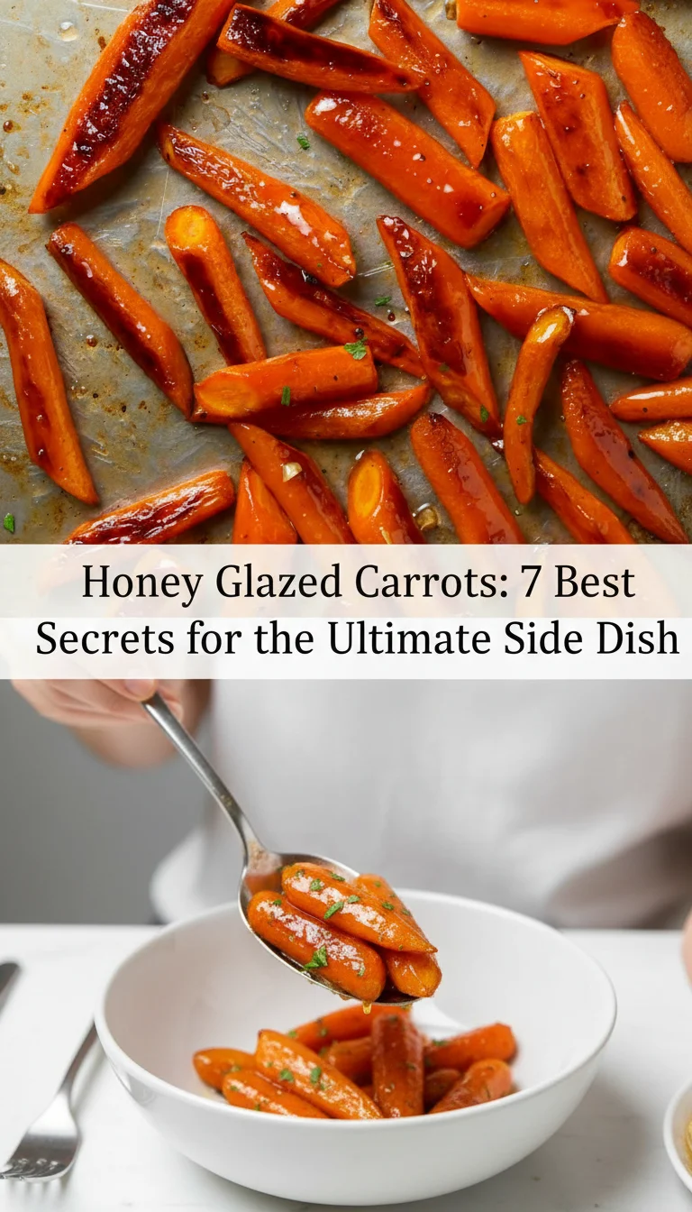 A professional 9:16 vertical Pinterest collage for Honey Glazed Carrots. The top 70% features a hero shot of tender, vibrant carrots glistening with a golden honey glaze. A stylish white semi-transparent banner in the center contains the title text, while the bottom 30% shows a warm lifestyle shot of a rustic dinner table setting.