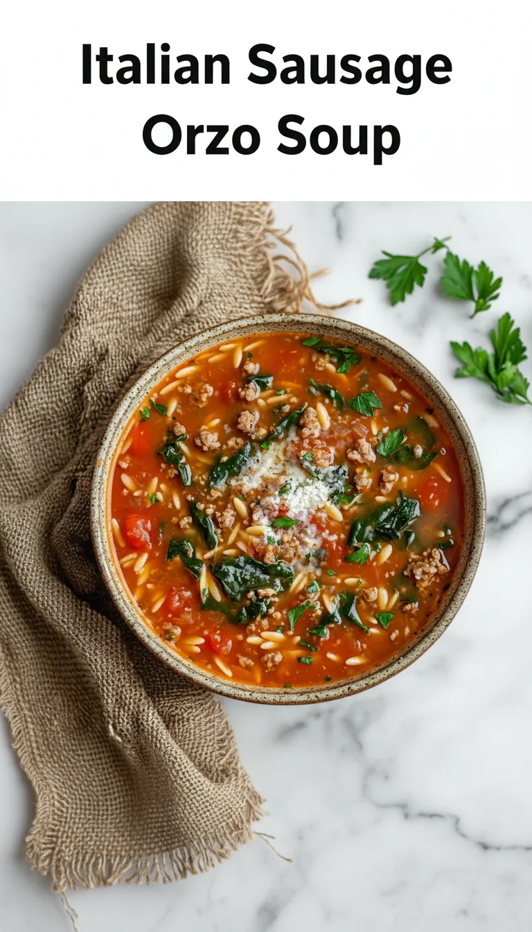 Vertical Pinterest pin with the text 'Italian Sausage Orzo Soup' at the top and a professional photograph of Italian Sausage Orzo Soup below it.