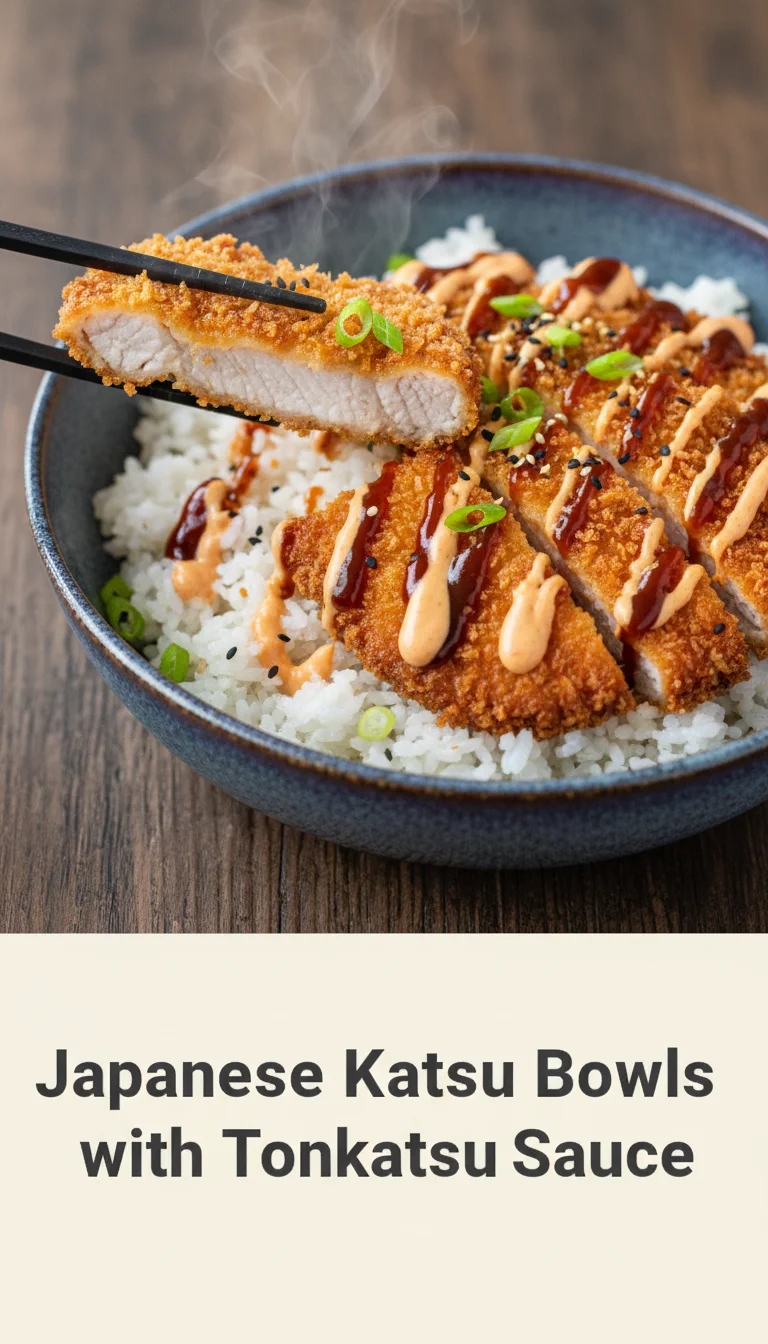 A vertical 9:16 layout featuring a clean solid header band with 'JAPANESE KATSU BOWLS WITH TONKATSU SAUCE' and a professional hero shot of Japanese Katsu Bowls with Tonkatsu Sauce.