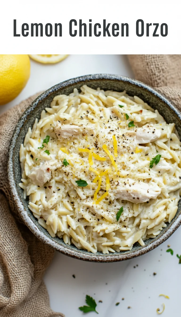 Vertical Pinterest pin with the text 'Lemon Chicken Orzo' at the top and a professional photograph of Lemon Chicken Orzo below it.