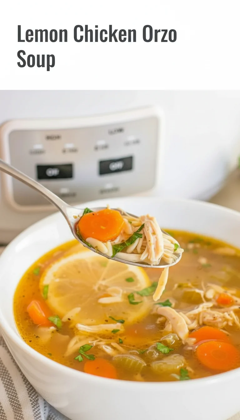 Vertical Pinterest pin with the text 'Lemon Chicken Orzo Soup' at the top and a professional photograph of Lemon Chicken Orzo Soup below it.