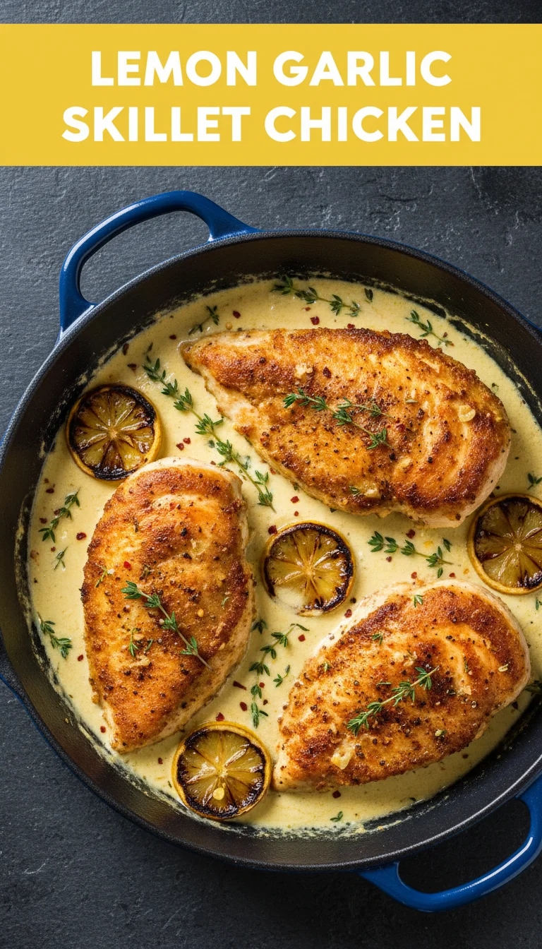 A vertical 9:16 Pinterest pin layout featuring the text 'LEMON GARLIC SKILLET CHICKEN' in a bold, professional font at the top and a high-quality hero shot of the final plated chicken dish at the bottom.