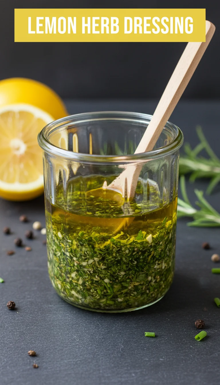 A vertical 9:16 layout. The top section contains the main keyword 'LEMON HERB DRESSING' in a bold, professional font on a clean background. The bottom section is a high-quality, professional hero shot of the final plated Lemon Herb Dressing.