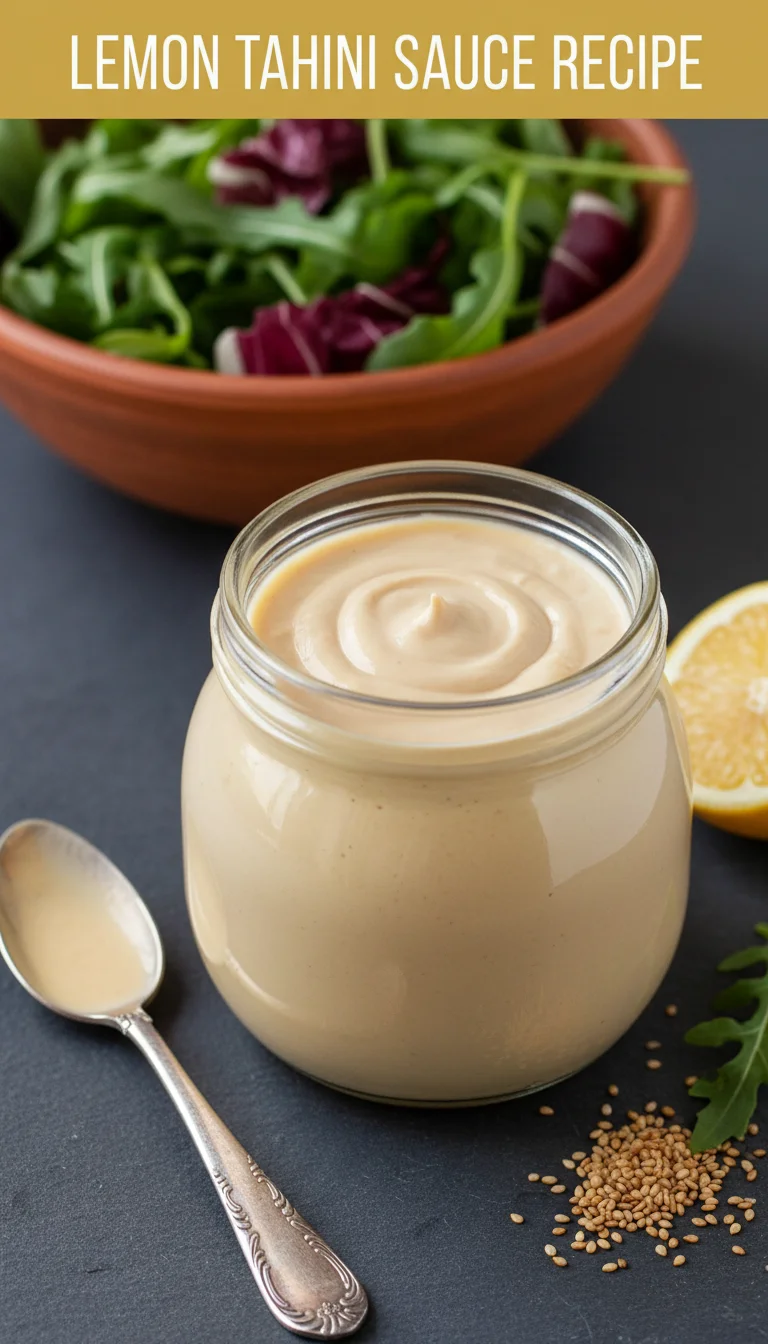 A vertical 9:16 Pinterest pin layout. The top section contains the text 'LEMON TAHINI SAUCE RECIPE' in a bold, professional font. The bottom section shows a high-quality hero shot of a creamy plated lemon tahini sauce recipe.