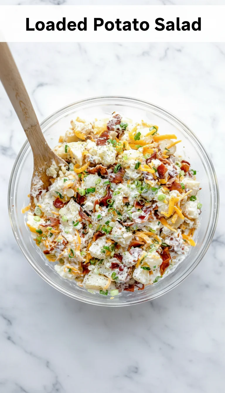 Vertical Pinterest pin with the text 'Loaded Potato Salad' at the top and a professional photograph of Loaded Potato Salad below it.