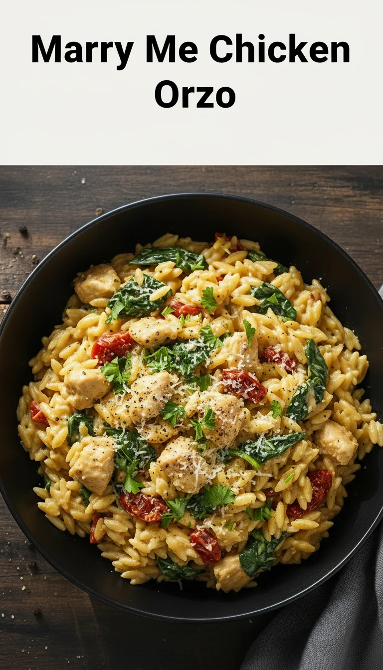 Vertical Pinterest pin with the text 'Marry Me Chicken Orzo' at the top and a professional photograph of Marry Me Chicken Orzo below it.