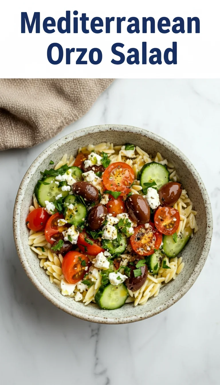 Vertical Pinterest pin with the text 'Mediterranean Orzo Salad' at the top and a professional photograph of Mediterranean Orzo Salad below it.