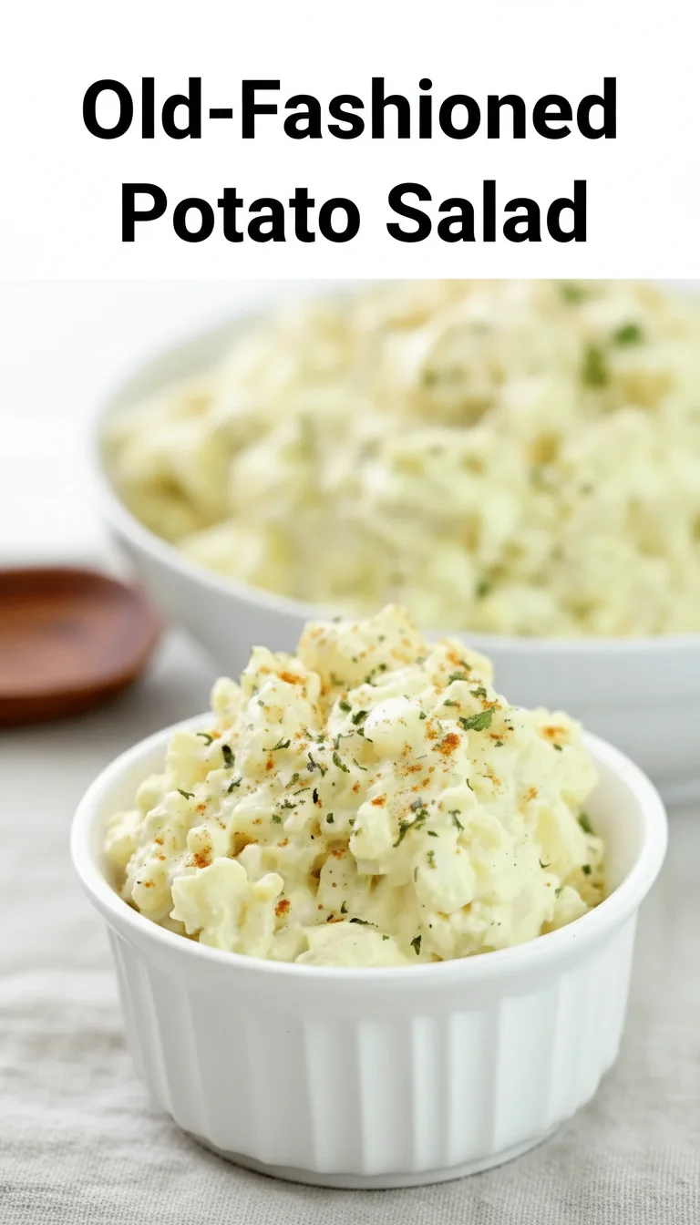 Vertical Pinterest pin with the text 'Old-Fashioned Potato Salad' at the top and a professional photograph of Old-Fashioned Potato Salad below it, perfect for a nostalgic family picnic.