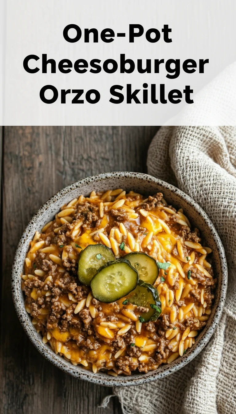Vertical Pinterest pin with the text 'One-Pot Cheeseburger Orzo Skillet' at the top and a professional photograph of One-Pot Cheeseburger Orzo Skillet below it.