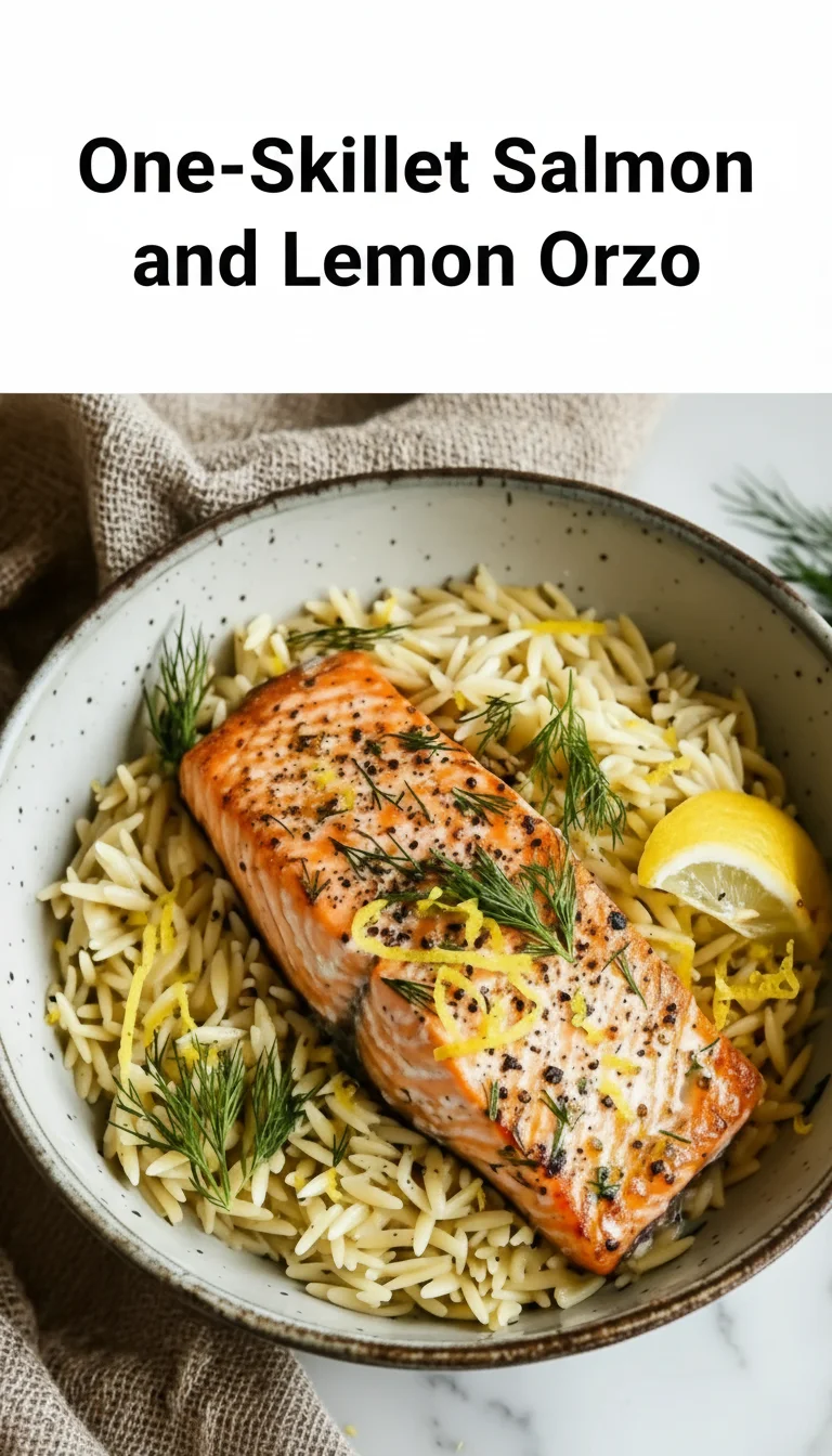 Vertical Pinterest pin with the text 'One-Skillet Salmon and Lemon Orzo' at the top and a professional photograph of One-Skillet Salmon and Lemon Orzo below it.