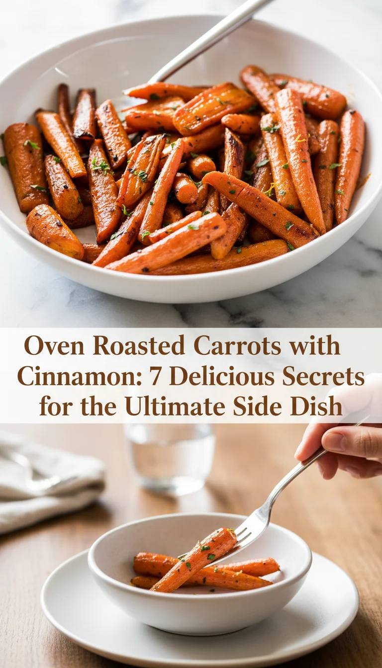 A professional 9:16 Pinterest template featuring caramelized Oven Roasted Carrots with Cinnamon. The top 70% is a hero shot of tender, golden carrots, while a white semi-transparent center banner highlights the title. The bottom 30% shows a warm lifestyle scene of a cozy family dinner.