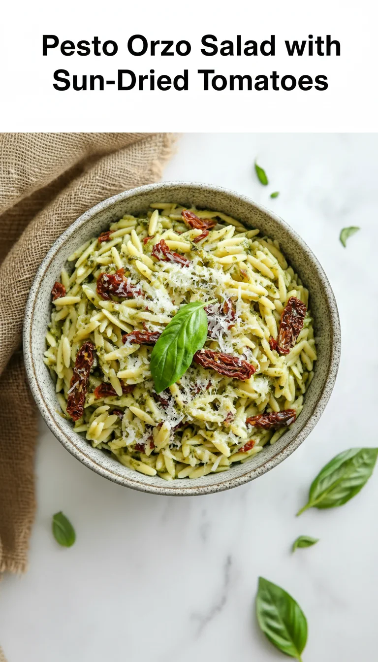 Vertical Pinterest pin with the text 'Pesto Orzo Salad with Sun-Dried Tomatoes' at the top and a professional photograph of Pesto Orzo Salad with Sun-Dried Tomatoes below it.