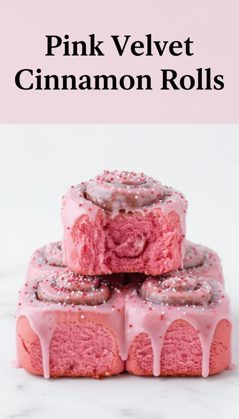 A vertical split layout containing two pictures of fluffy, glazed Pink Velvet Cinnamon Rolls with 'Pink Velvet Cinnamon Rolls' text in the center, perfect for a romantic Valentine's Day brunch.