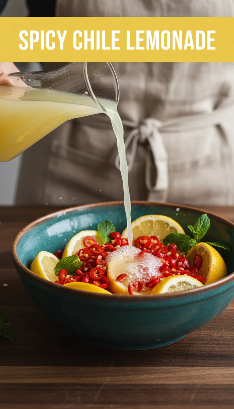 A vertical 9:16 layout. The top section contains the main keyword 'SPICY CHILE LEMONADE' in a bold, professional font on a clean background. The bottom section is a high-quality, professional hero shot of the final plated Spicy Chile Lemonade with fresh garnishes.