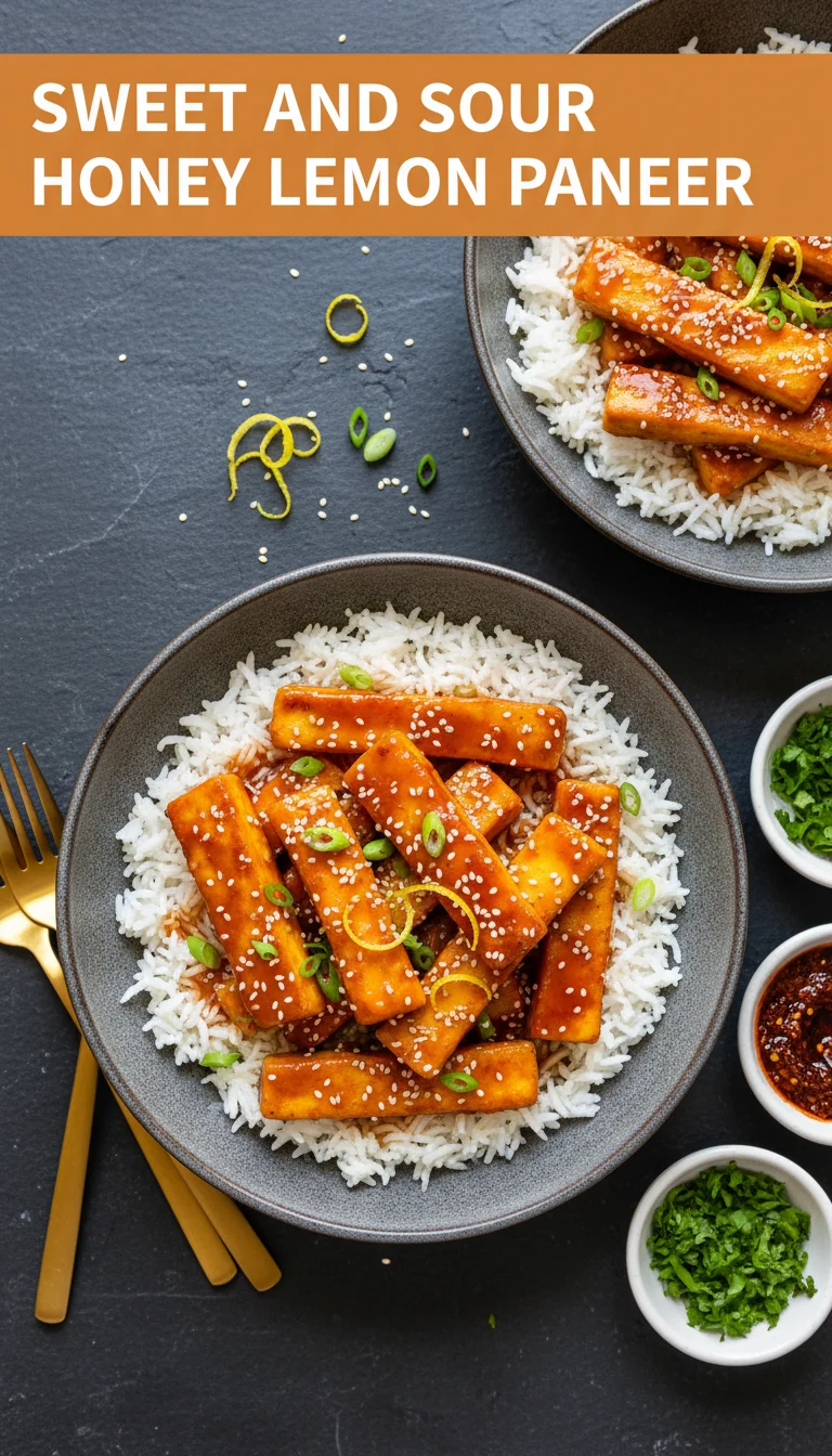 A vertical 9:16 layout. The top section contains the main keyword 'SWEET AND SOUR HONEY LEMON PANEER' in a bold, professional font. The bottom section is a high-quality, professional hero shot of the final plated Sweet and Sour Honey Lemon Paneer.